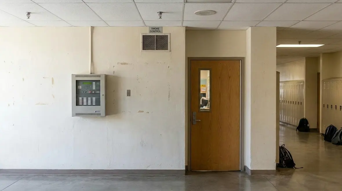 School fire suppression piping and sprinkler coverage in educational building