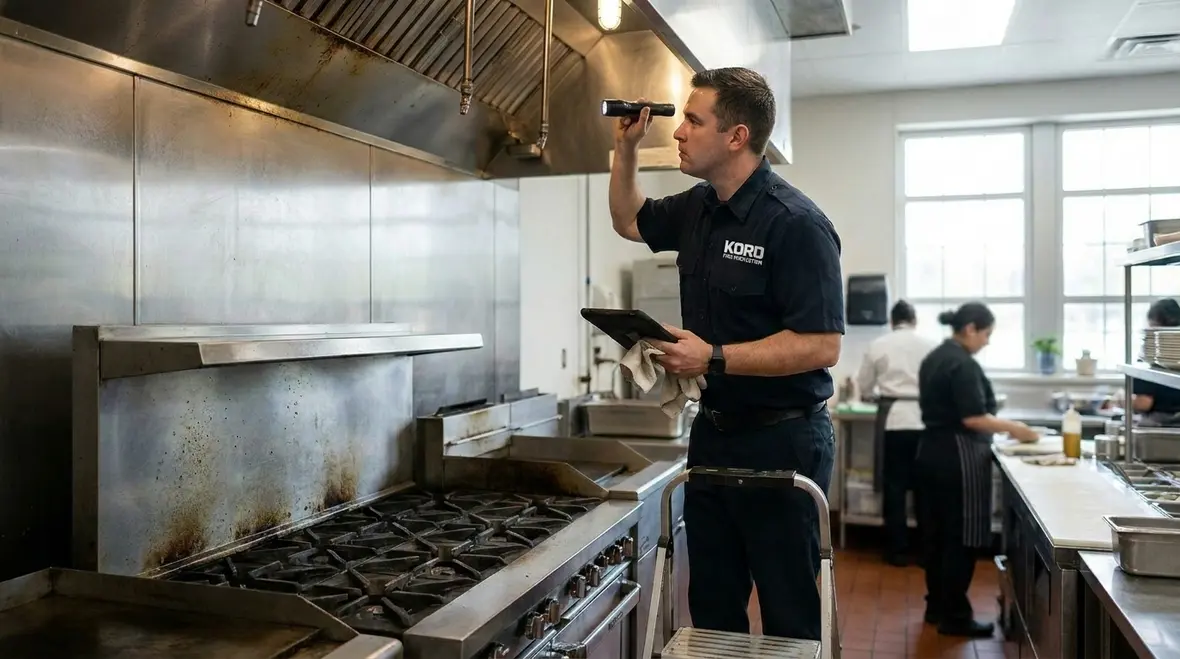 Technician inspecting school kitchen fire suppression control components