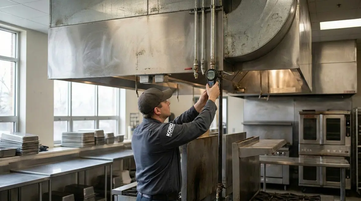 School kitchen hood fire suppression system over cooking equipment