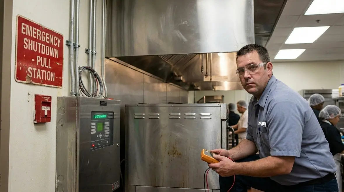 Commercial kitchen fire suppression nozzles and hood system in a school cafeteria kitchen