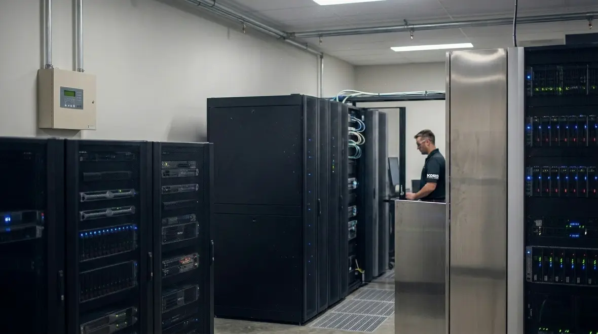 Clean agent fire suppression system protecting server room equipment