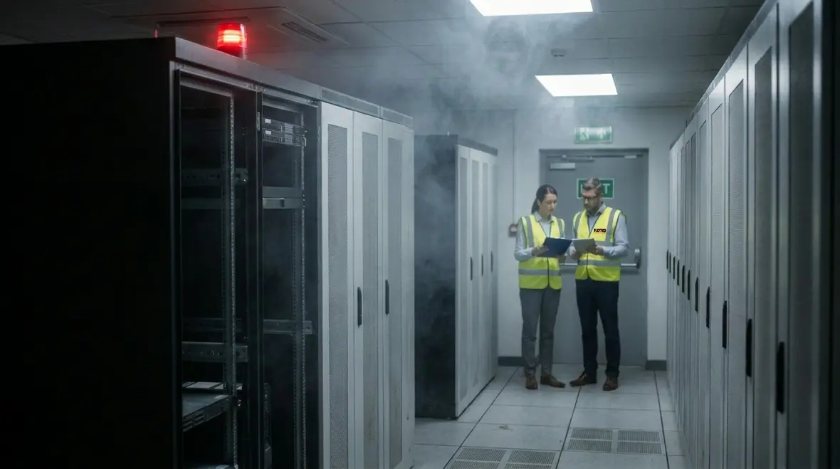 Technician inspecting clean agent fire suppression system in server room