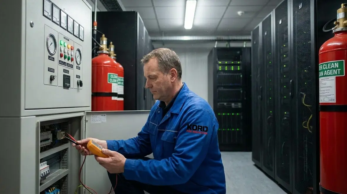 Clean agent nozzles and server racks in a protected data room