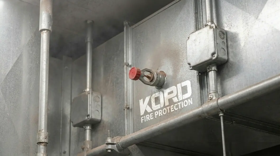 Industrial paint booth with fire suppression nozzles and ventilation