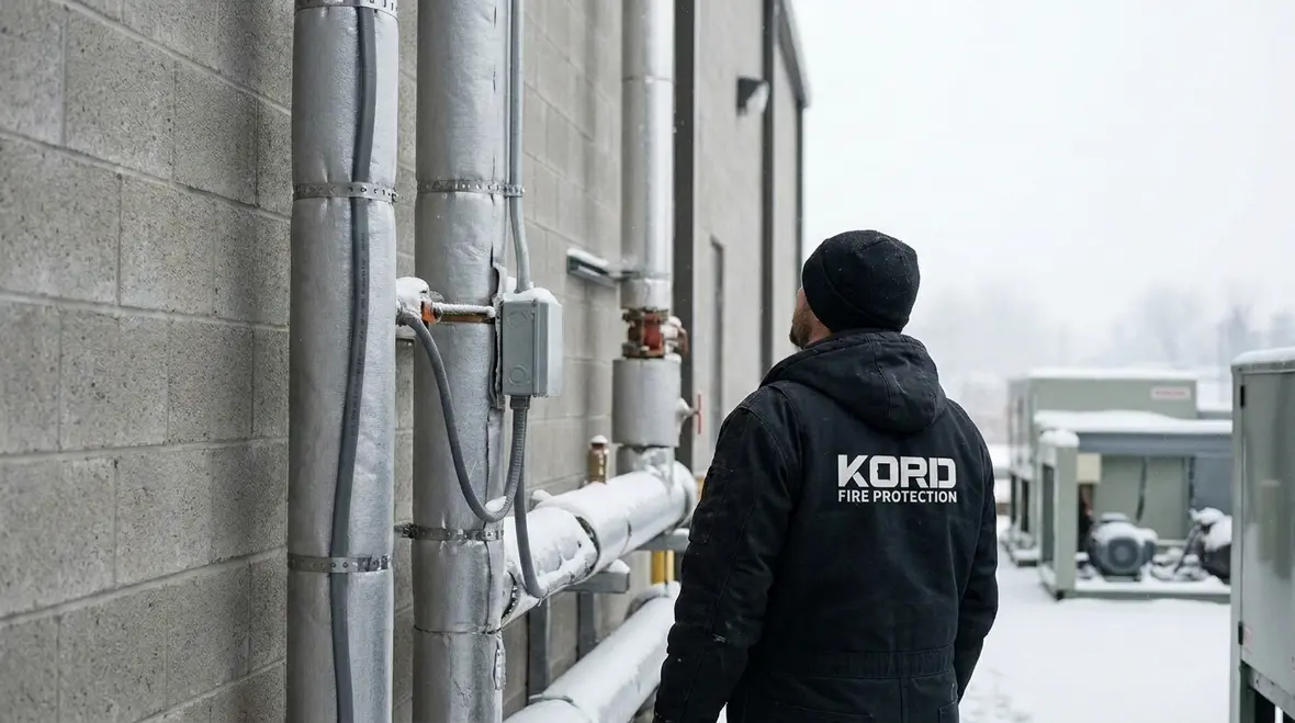 Electrical heat trace freeze protection on sprinkler system piping in cold weather