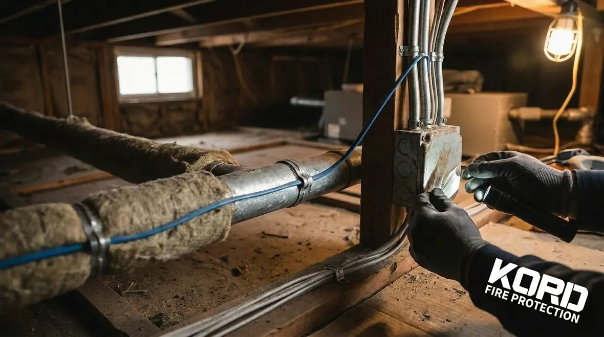 Technician reviewing electrical controls and safety checks for sprinkler heat trace system