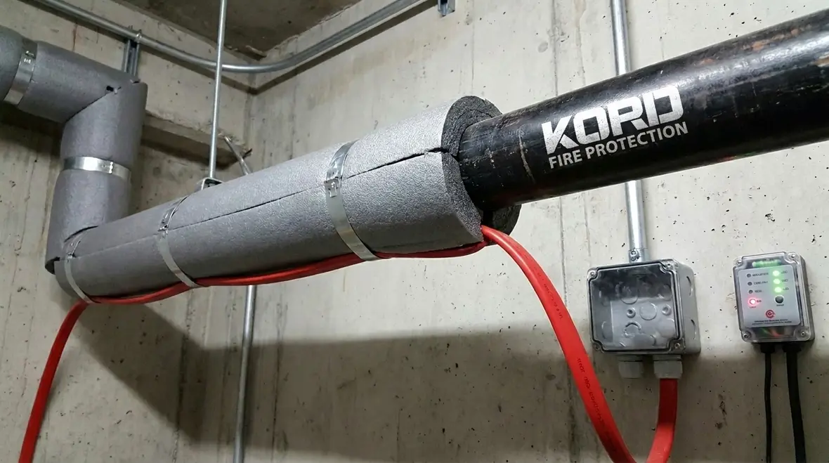 Sprinkler system freeze protection electrical heat trace installed on fire sprinkler piping