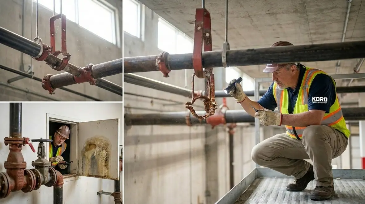 Technician inspecting sprinkler piping for water damage prevention