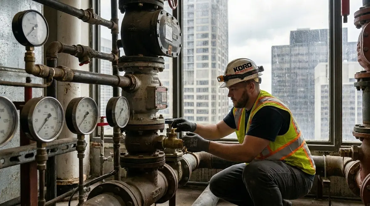Technician evaluating standpipe pressure management in a high rise