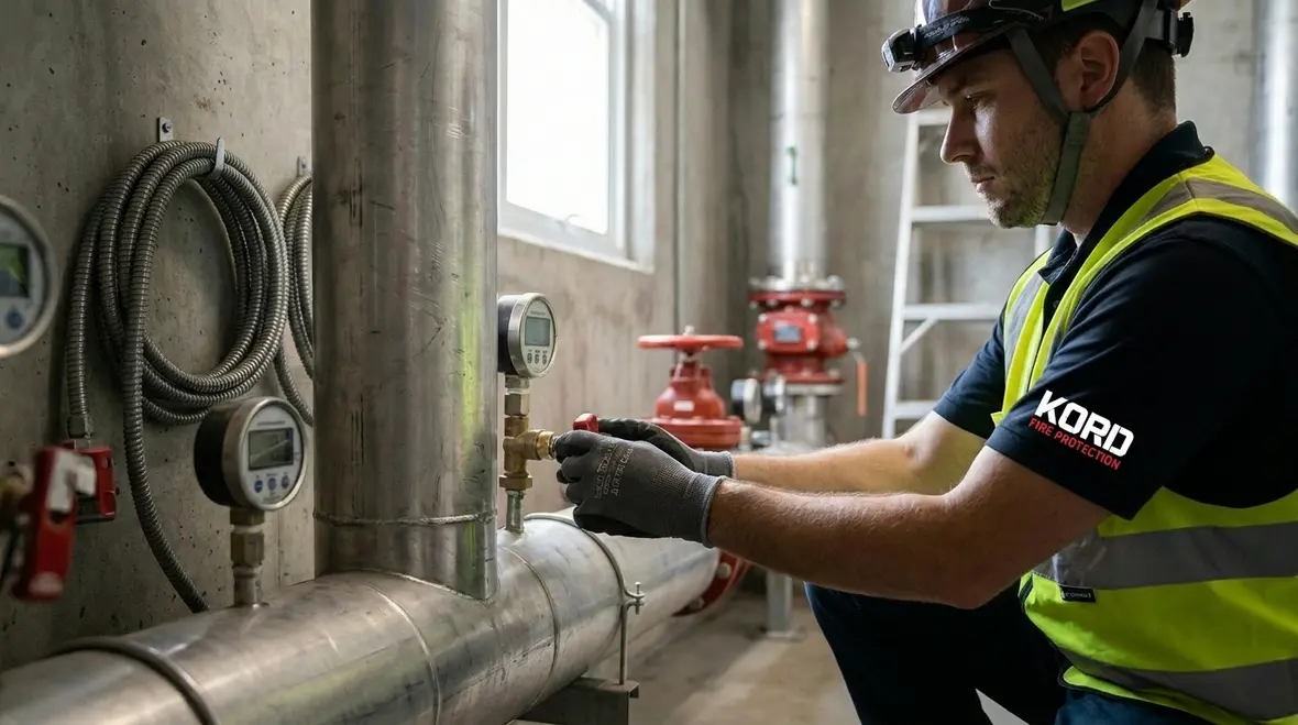 Digital standpipe pressure monitoring equipment installed in a high rise riser room