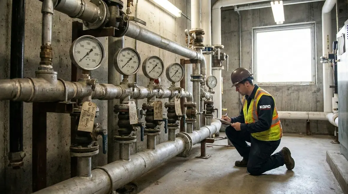 Technician performing standpipe system pressure testing in a commercial riser room