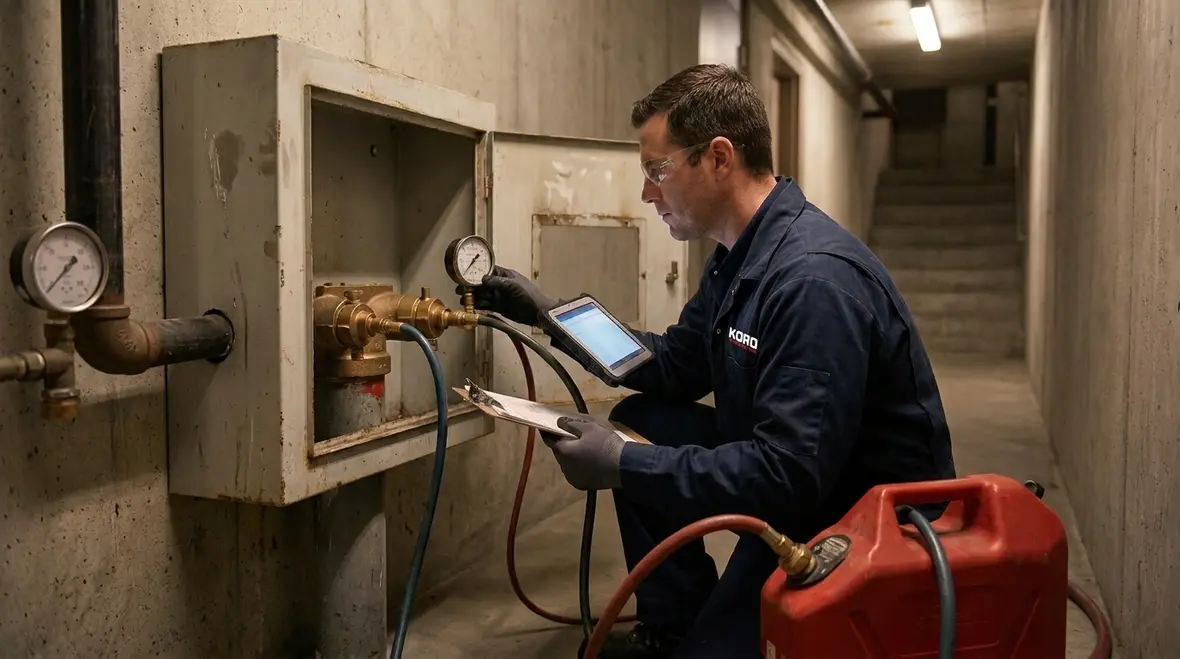 Commercial standpipe piping and gauge setup for pressure regulation testing