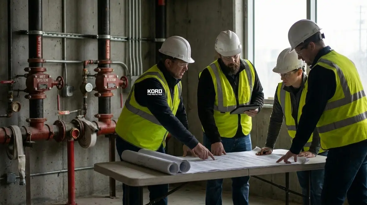 Technician reviewing standpipe system scope and riser layout before testing