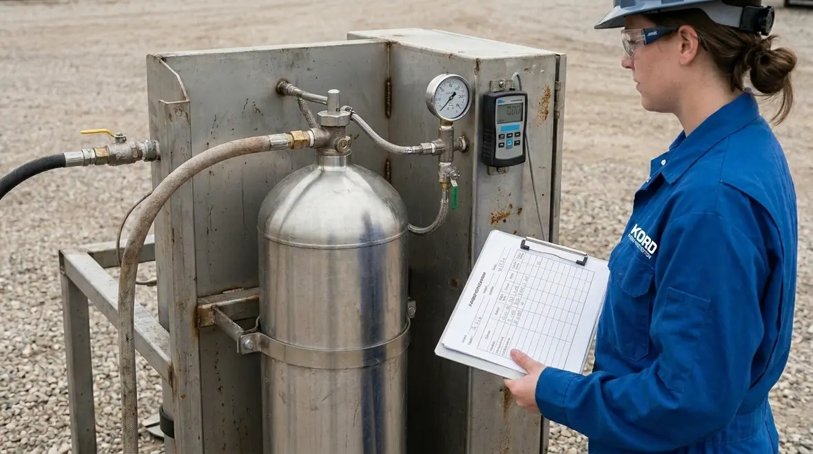 Technician preparing suppression cylinder for hydrostatic testing