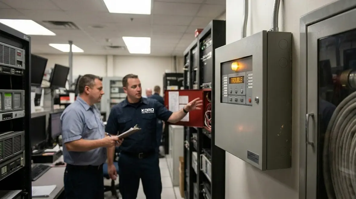 Technician reviewing suppression panel trouble signal status