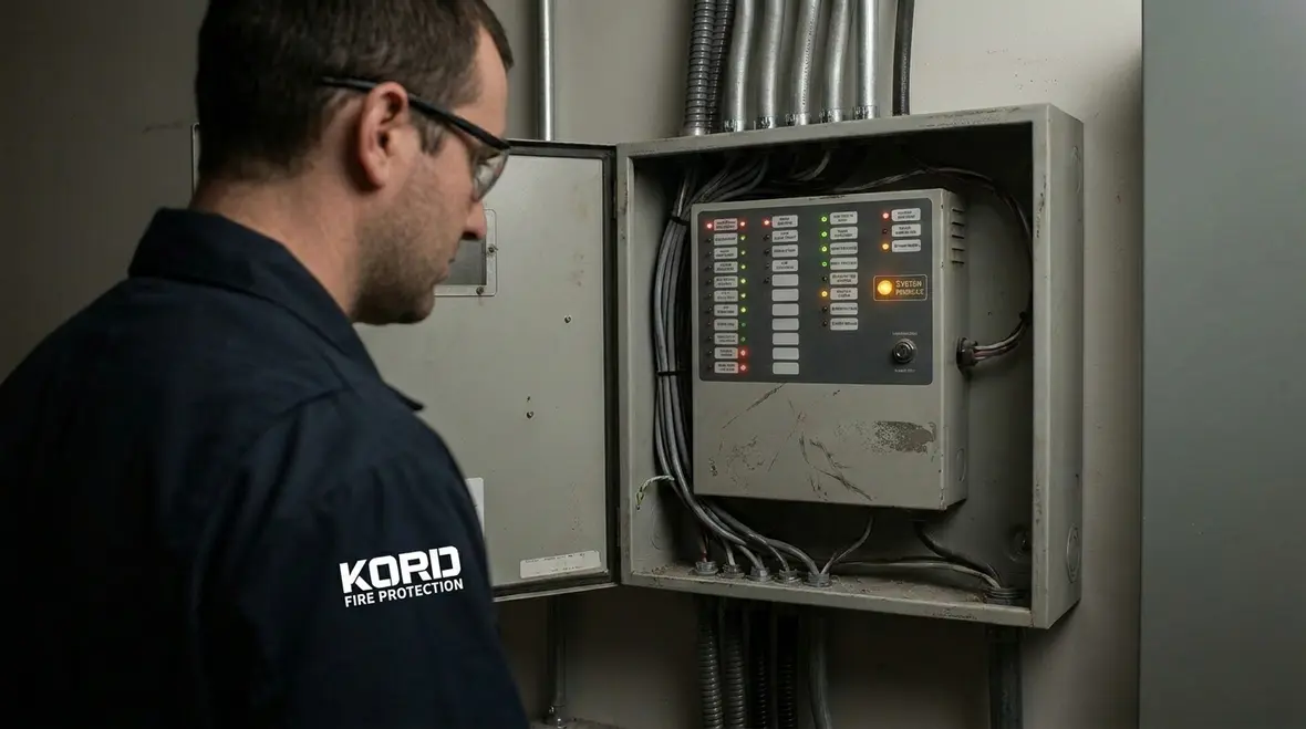 Technician reviewing a suppression panel trouble signal