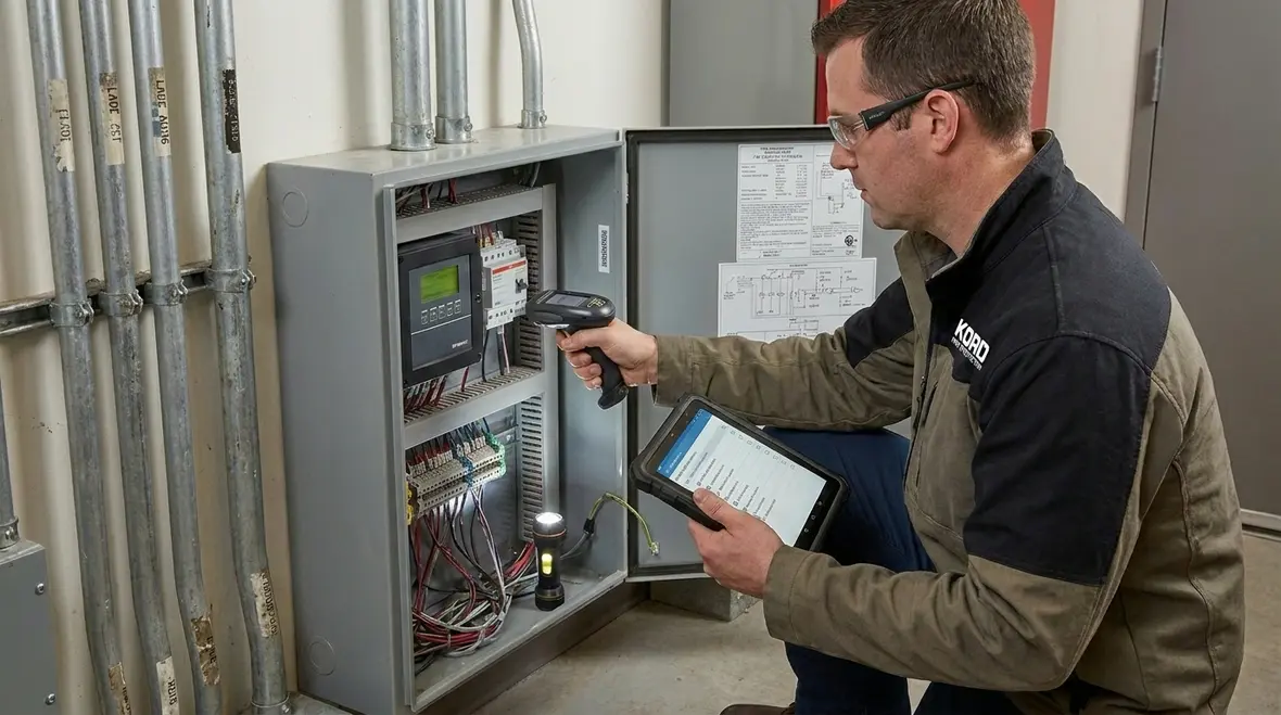 Technician performing supervisory signal service and documentation