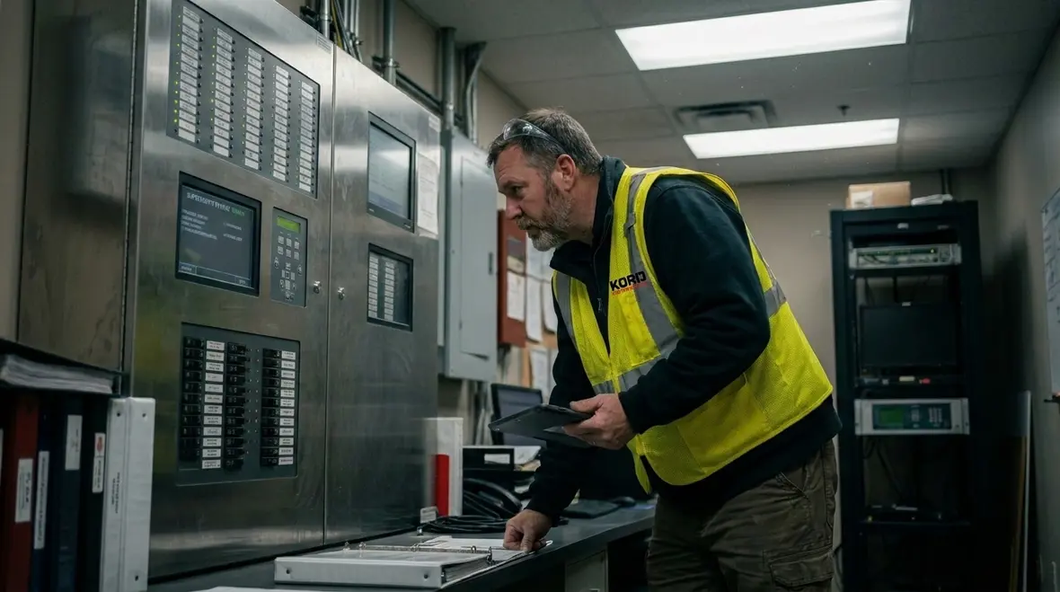 Technician reviewing suppression supervisory signal status on fire protection equipment