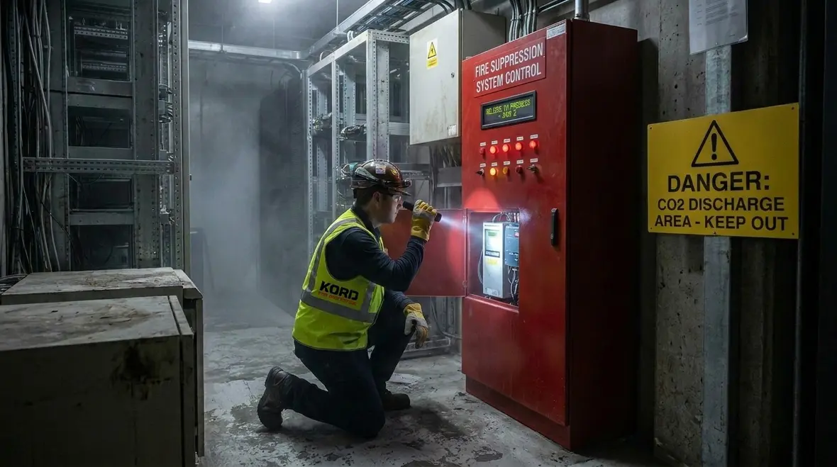 Technician reviewing suppression system sequence of operation and event history