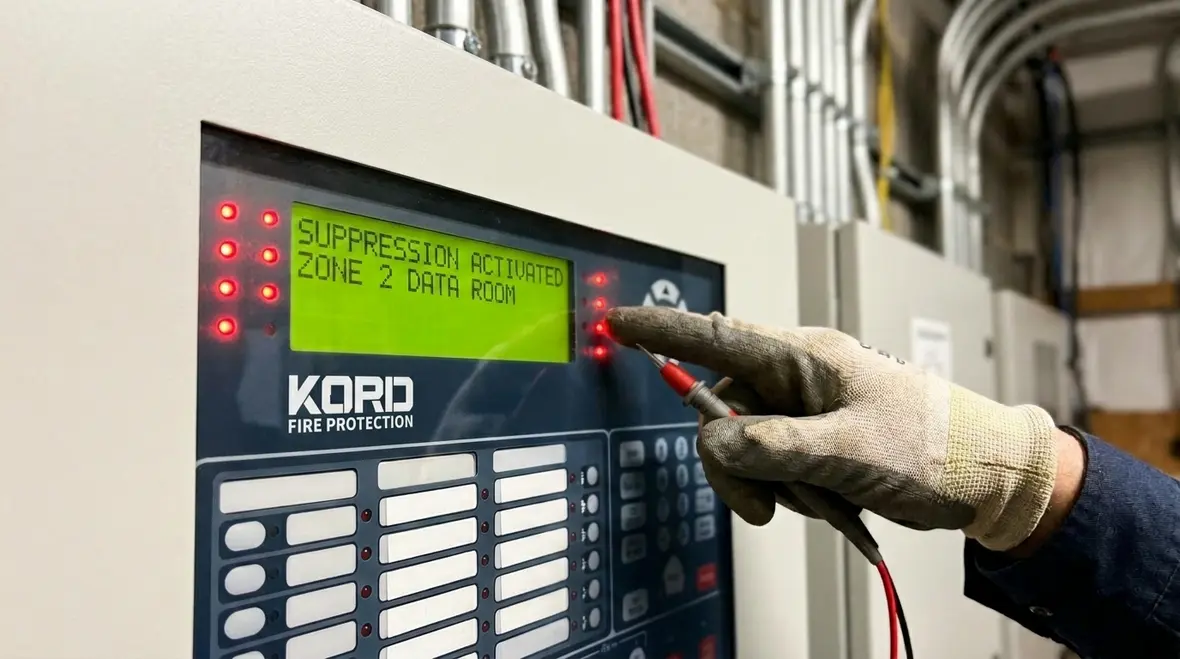 Suppression system alarm signal control panel and notification overview