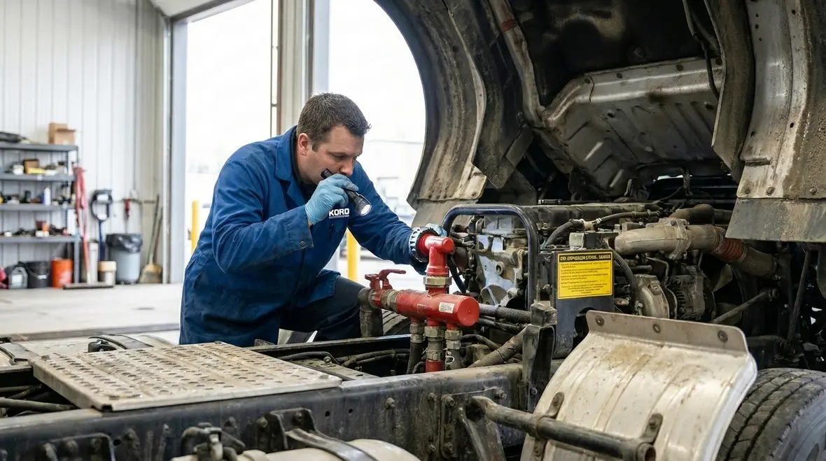 Dry and wet chemical vehicle fire suppression system components on industrial vehicle