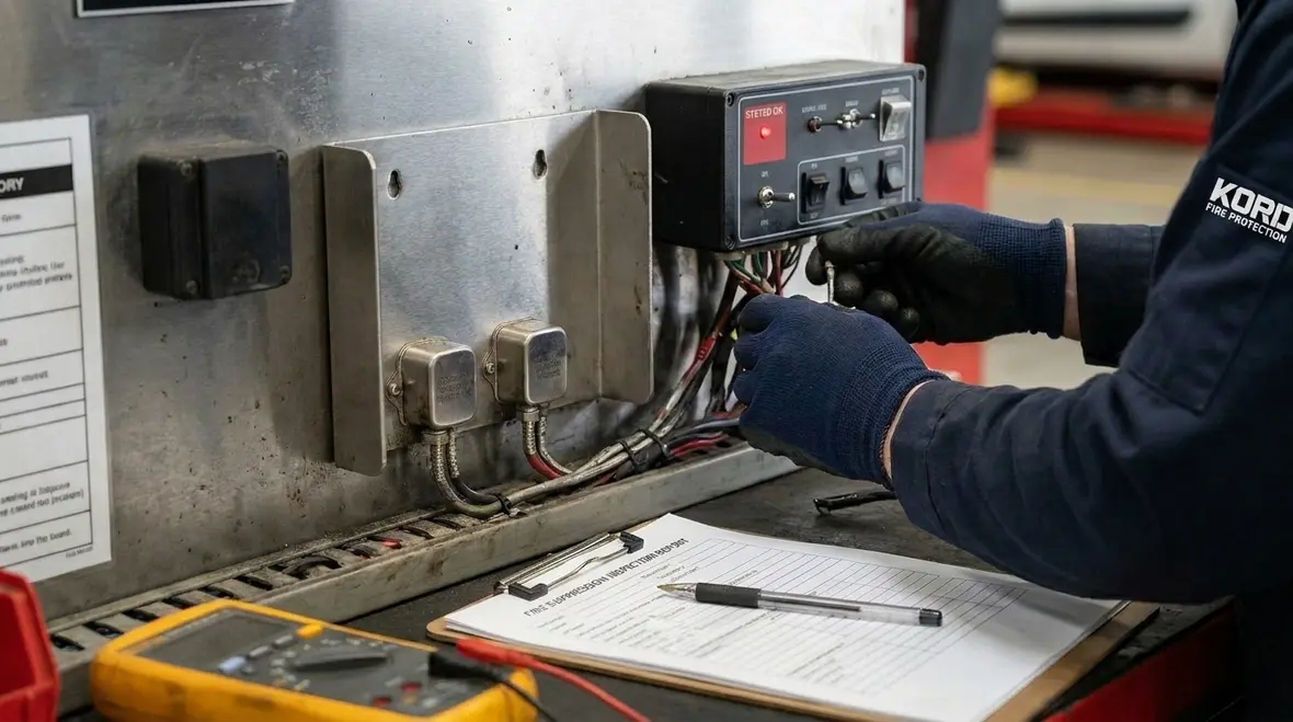 Technician performing vehicle fire suppression inspection on installed system