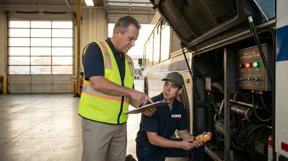 Technician maintaining vehicle fire suppression equipment for fleet service