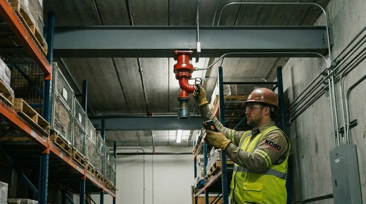 Technician reviewing warehouse foam fire suppression installation and controls