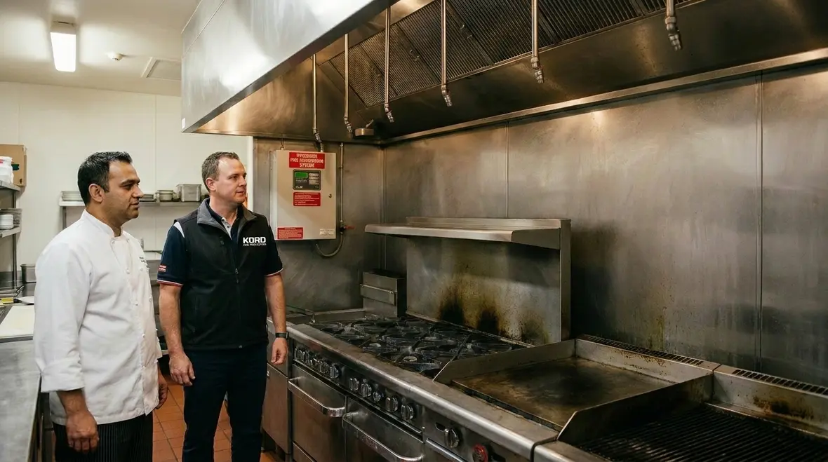 Wet chemical fire suppression nozzles installed in a commercial kitchen hood