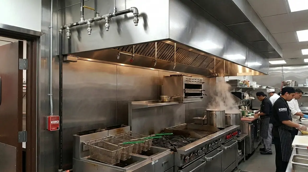 Wet chemical fire suppression system protecting a commercial kitchen hood