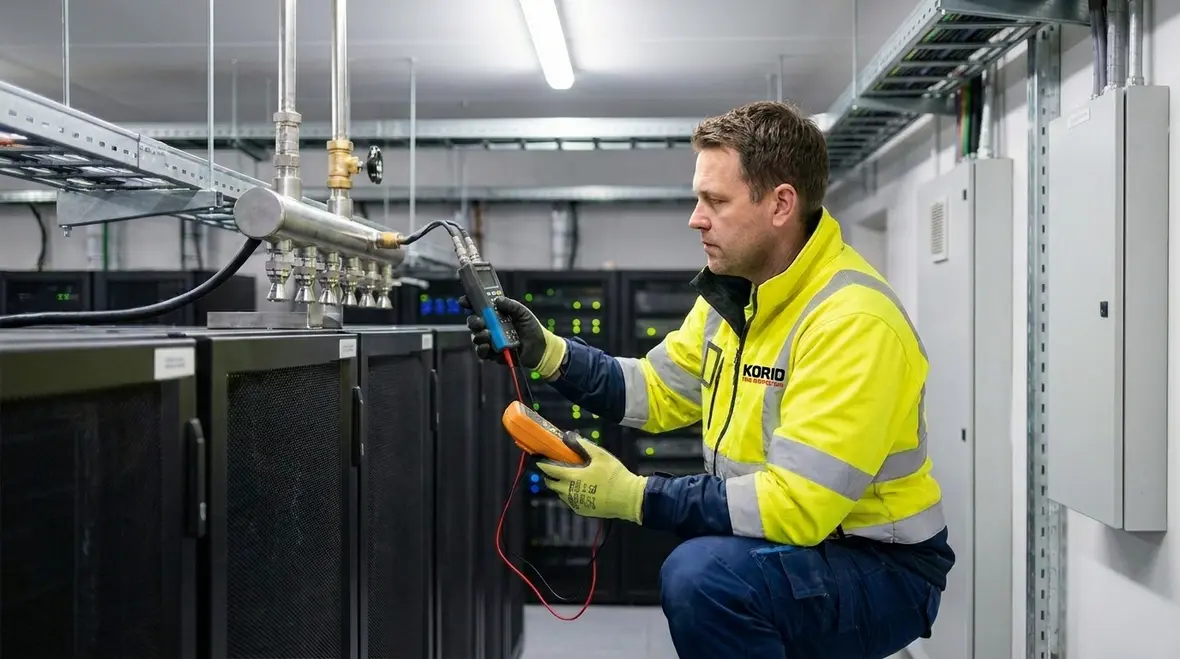 Technician planning clean agent testing and commissioning for server room fire protection
