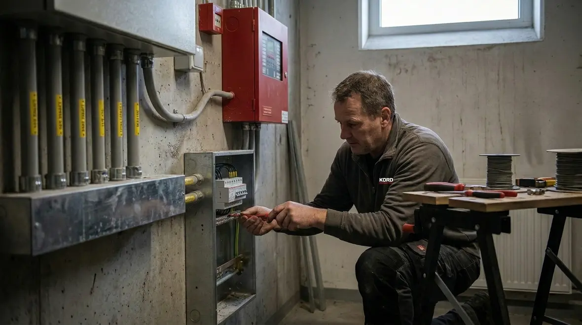 Technician planning commercial alarm retrofitting and commissioning