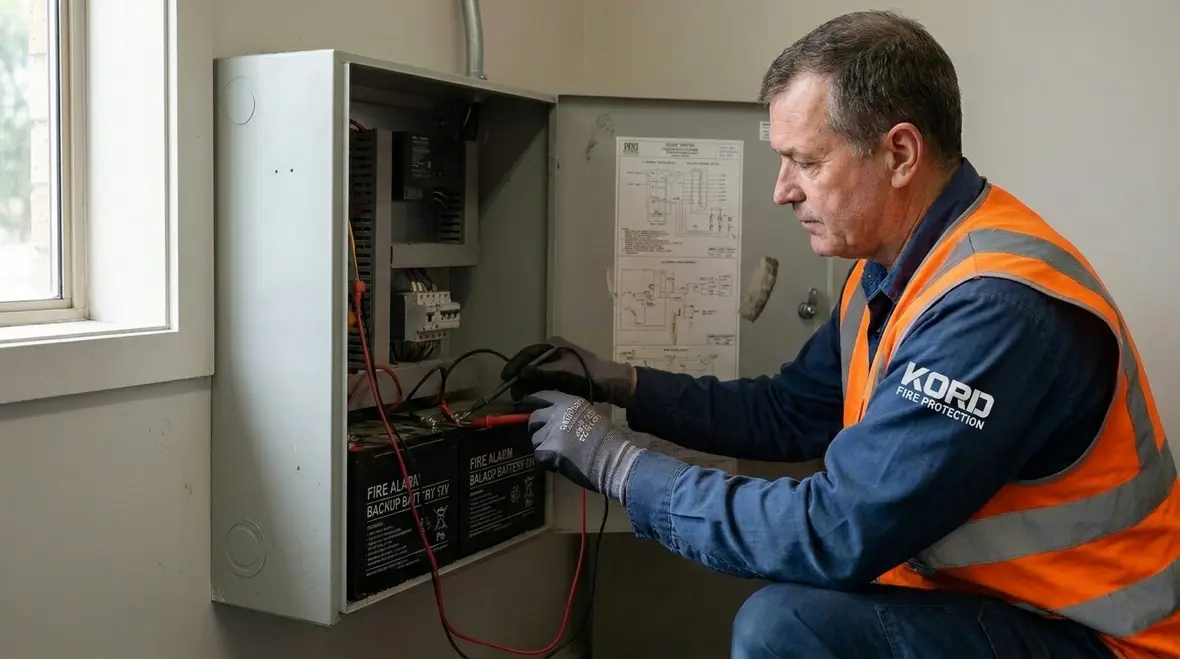 Backup battery components for commercial fire alarm power stability