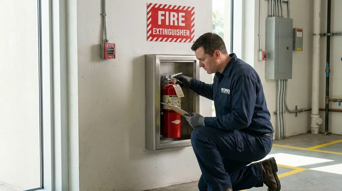 Fire extinguisher mounted near hazard zone with clear access