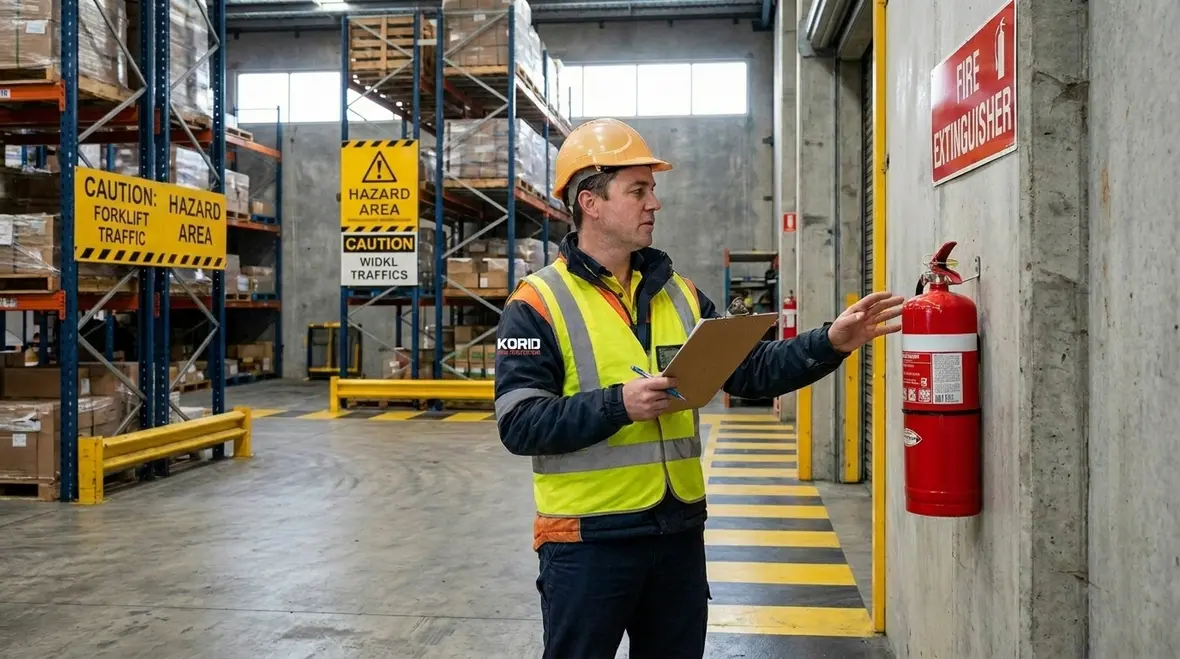 Commercial fire extinguisher placement along a travel path in a facility