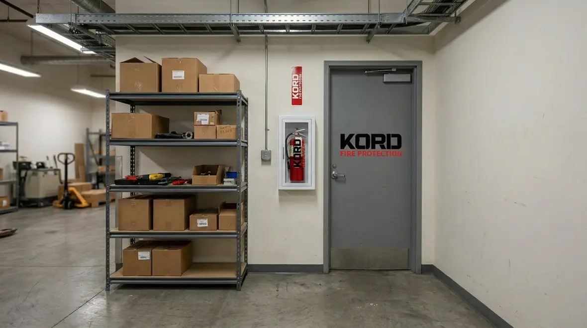 Mounted fire extinguisher visible in a commercial aisle