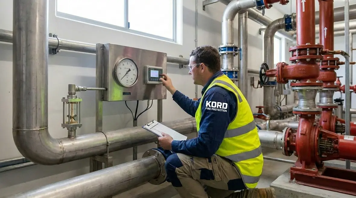 Technician testing commercial fire sprinkler water supply pressure at a riser assembly