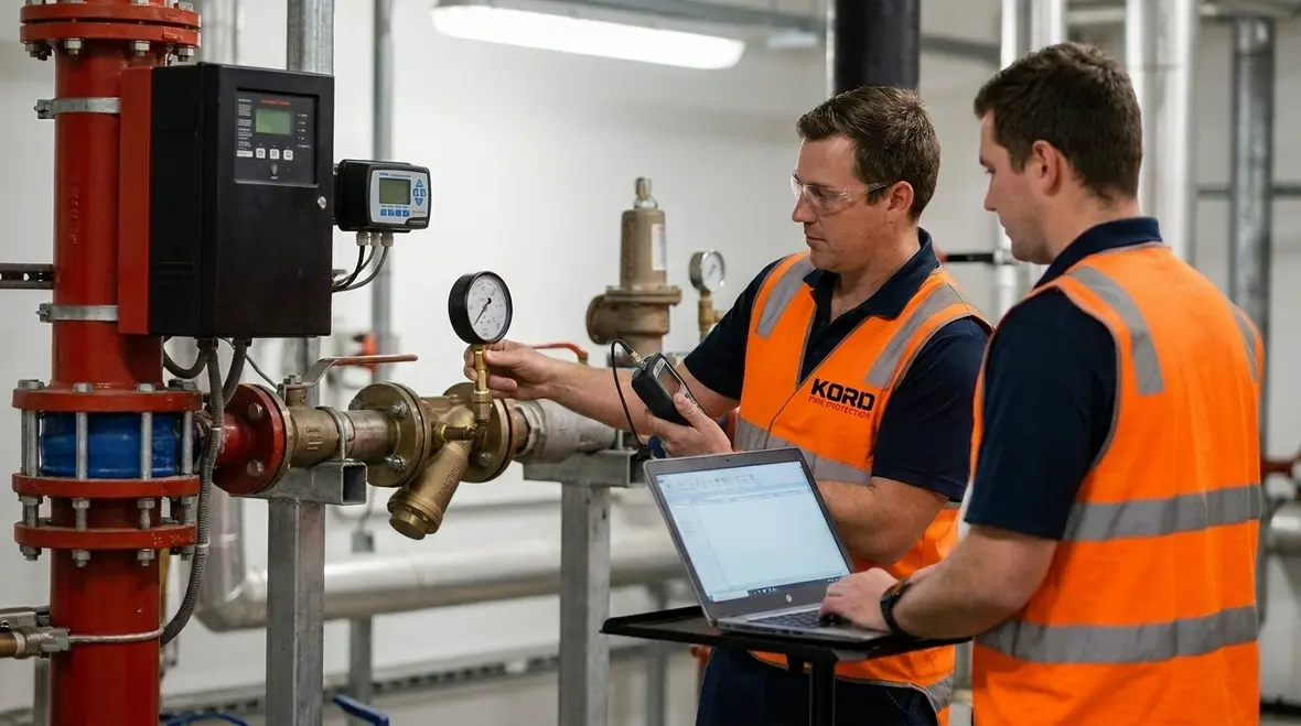Fire sprinkler technician performing controlled flow and pressure testing on a commercial water supply