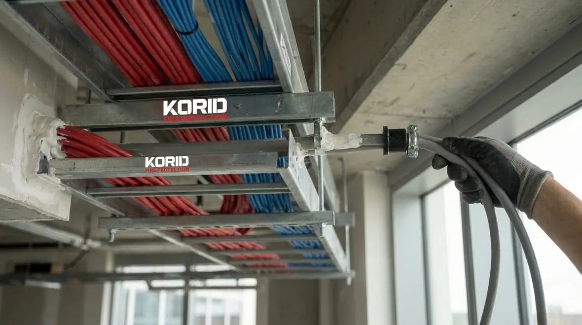 Technician selecting commercial fire suppression wiring and control components