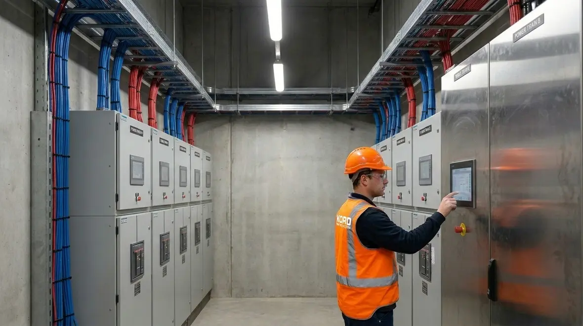 Layered data center power redundancy design with server racks and electrical pathways