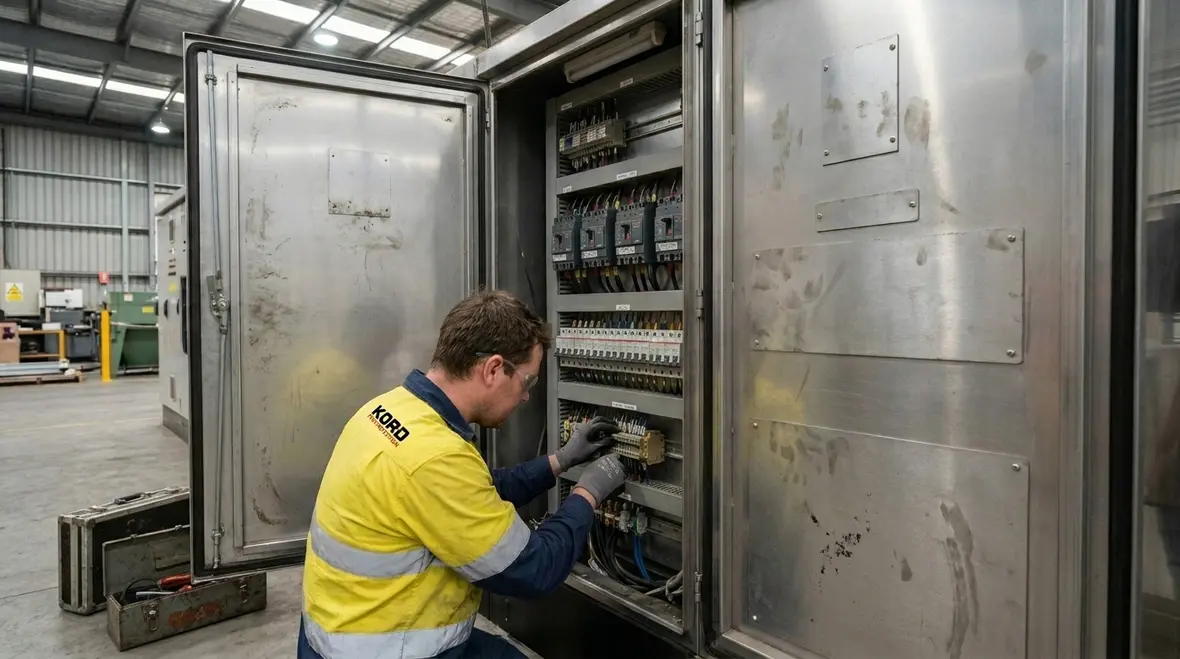 Technician inspecting a modernized electrical panel in an Australian facility