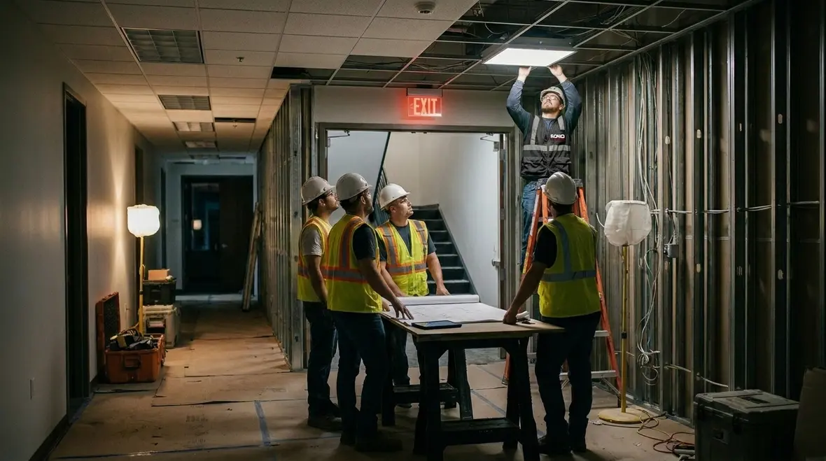 Emergency lighting fixtures in a commercial corridor supporting evacuation routes