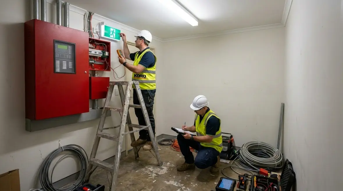 Technician coordinating emergency lighting testing with fire safety inspections