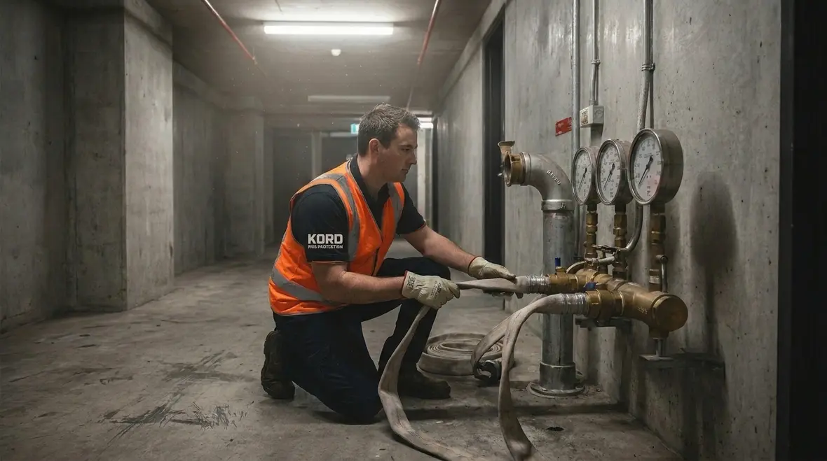 Technician performing emergency standpipe pressure testing in a high rise