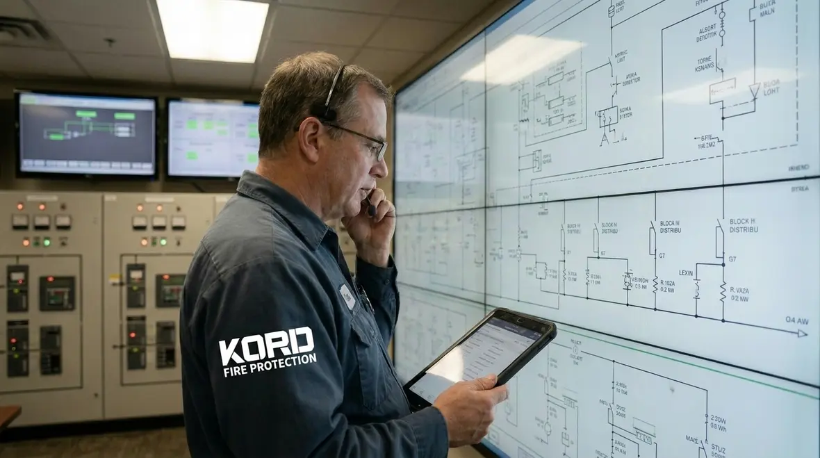 Technician inspecting fire alarm battery backup and control panel power