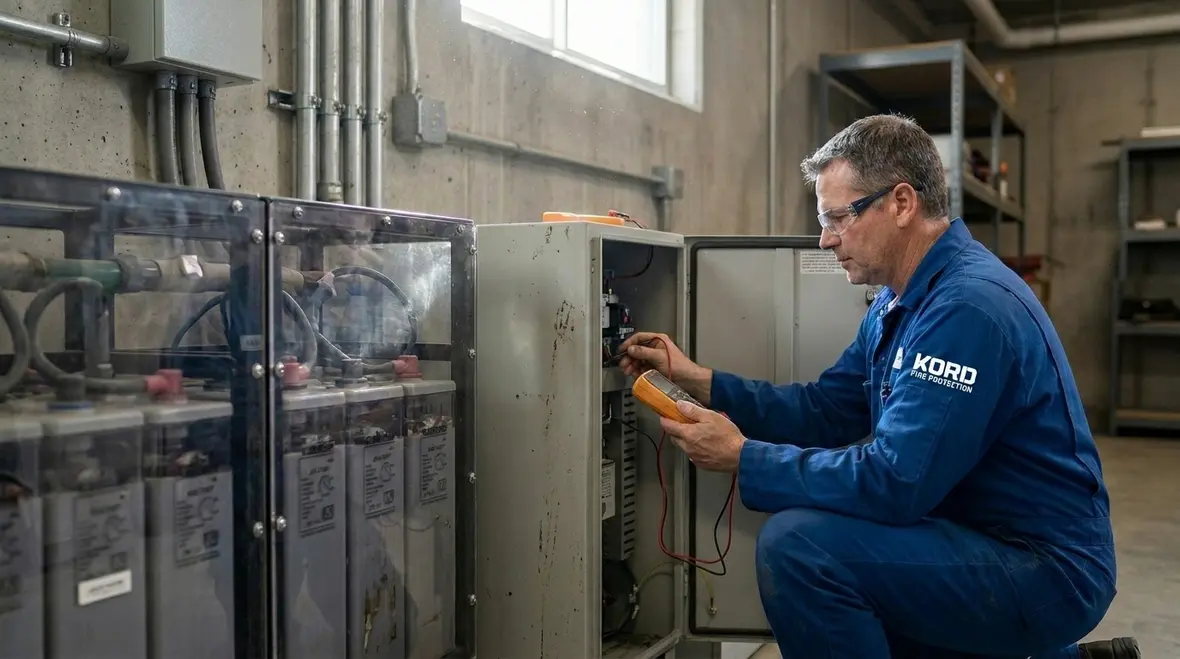 Technician inspecting emergency lighting wiring and controls