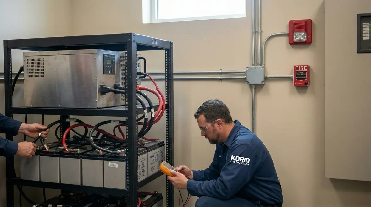 Technician testing fire alarm backup power and battery capacity