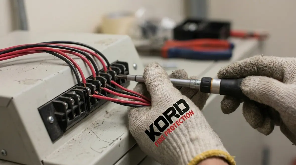 Technician reviewing fire alarm wiring safety during installation
