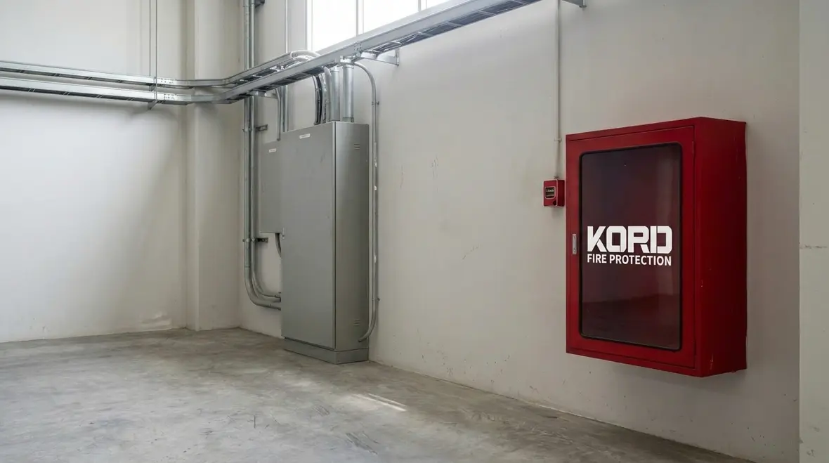 Technician checking fire extinguisher cabinet height and visibility near building access routes