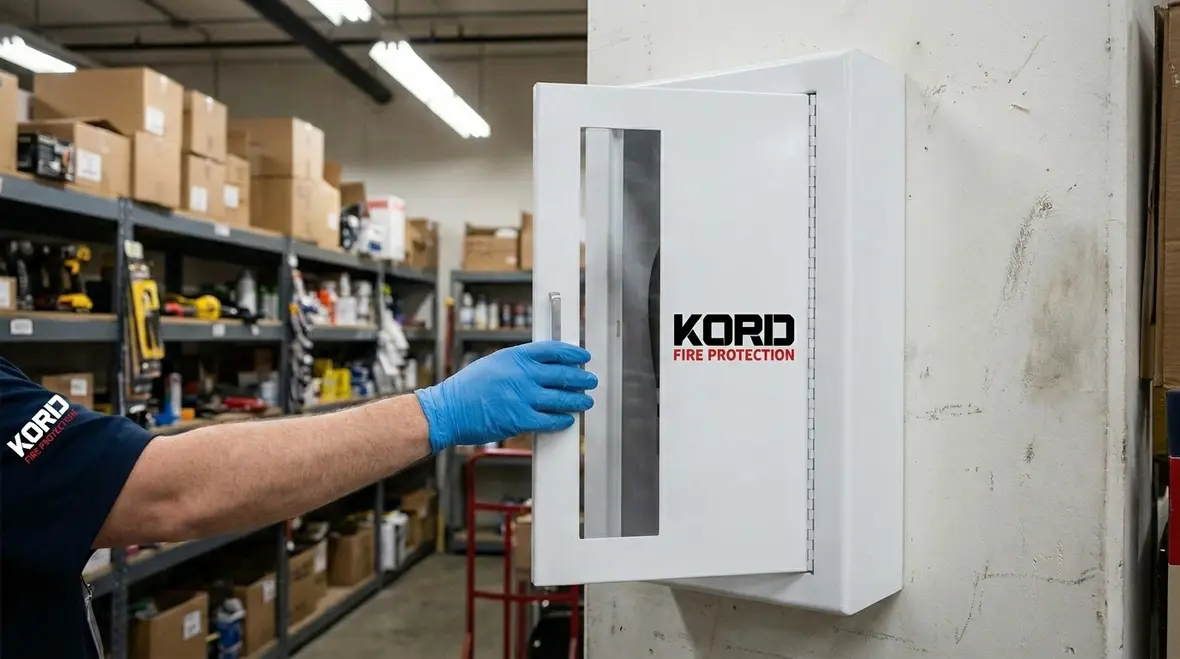 Fire extinguisher cabinet placement coordinated with electrical access and clear walkway spacing